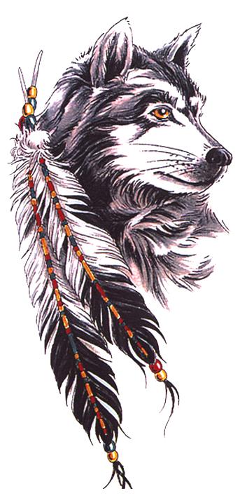 Native wolf with yellow eyes and feathers tattoo design