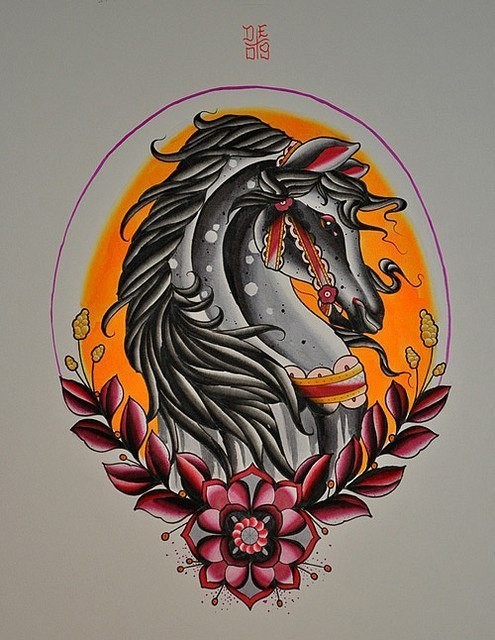 Neo traditiona grey horse portrait in floral frame tattoo design