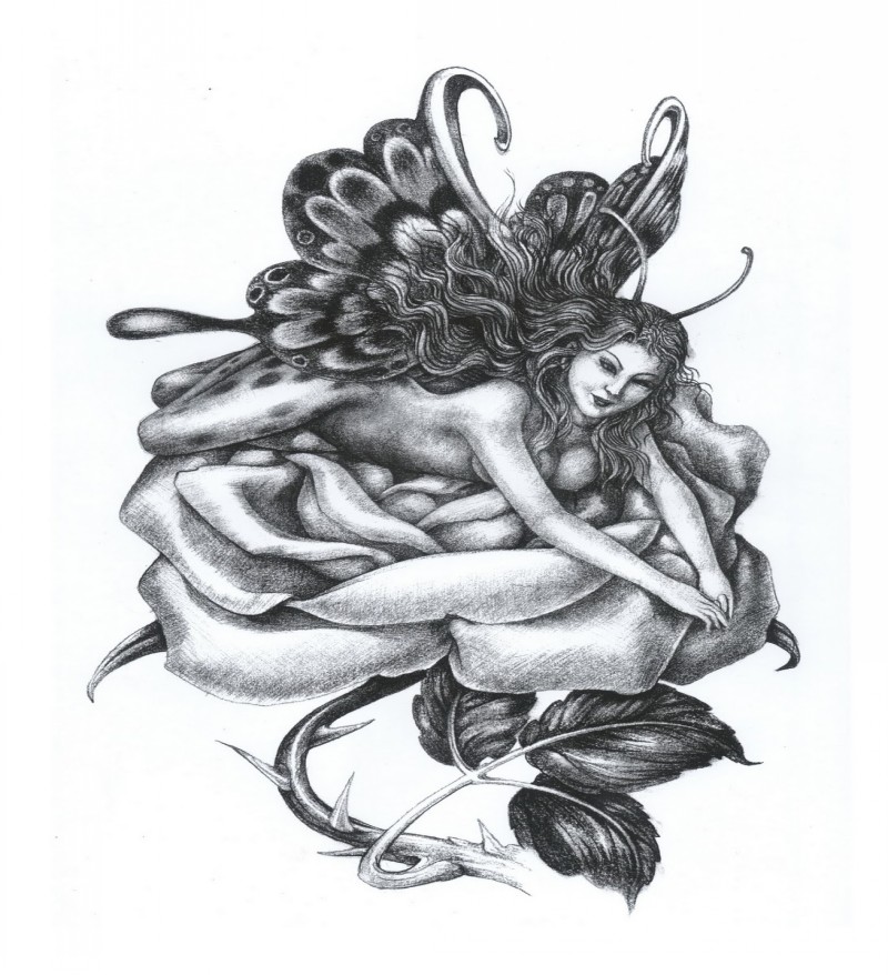 Nesty fairy lying on rose bud tattoo design