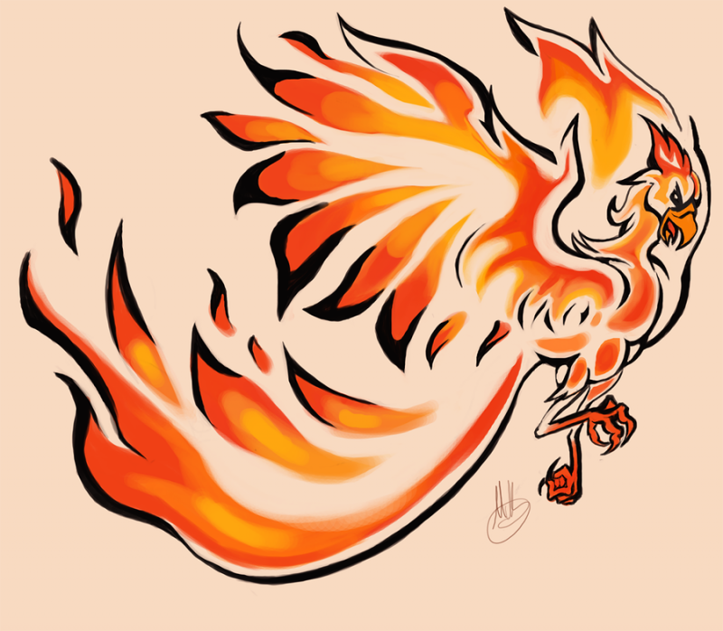 Nesty orange flaming phoenix tattoo design by Little Meesh