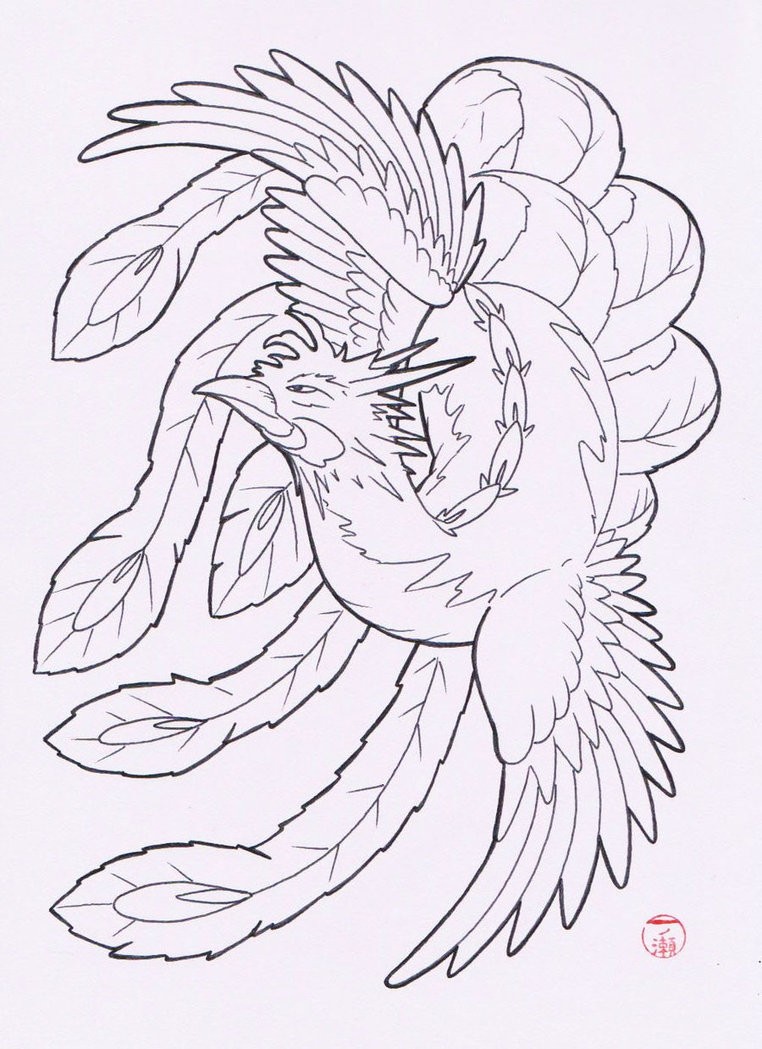 Nesty uncolored cartoon phoenix tattoo design by Laranj4