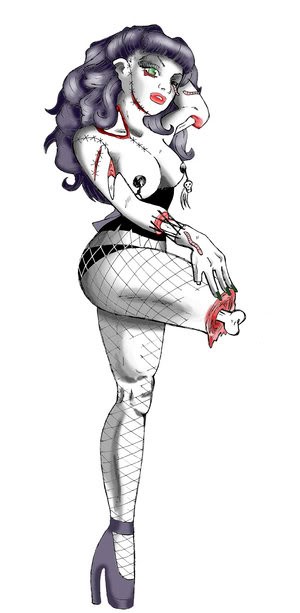 Nesty zombie pin up girl without a leg tattoo design by Silent Autu