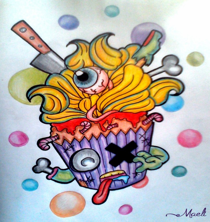 New multicolor zombie cupcake tattoo design by Maelidraw