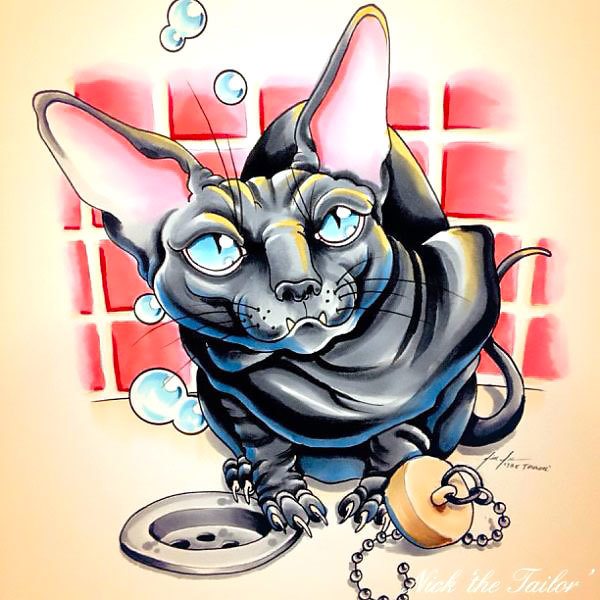 New school black sphynx cat in a bath tattoo design