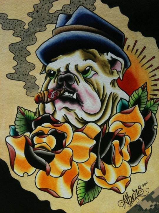 New school bulldog mafioso with yellow roses tattoo design