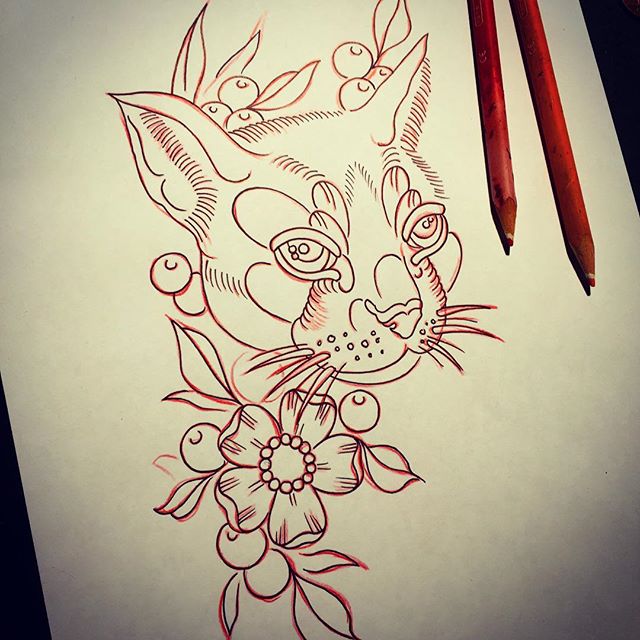 New school cat head with berries and flowers tattoo design