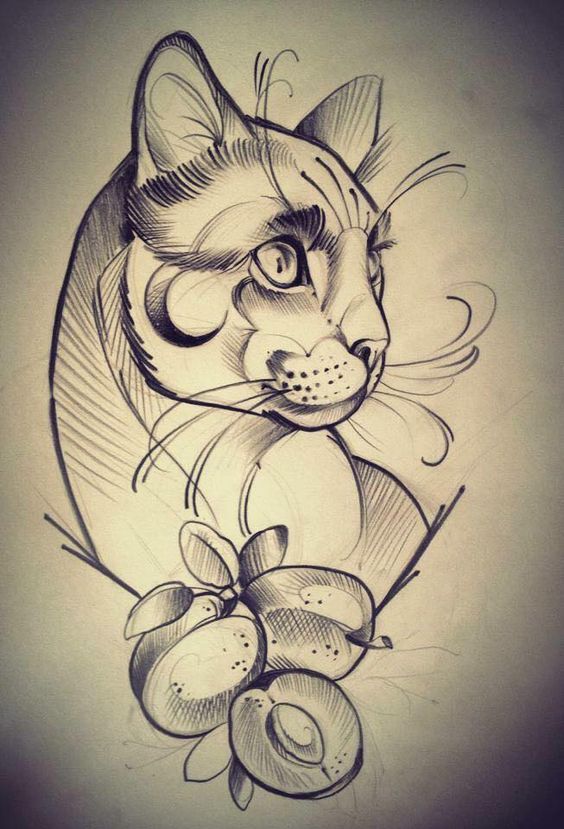 New school cat portrait and apricot fruit tattoo design