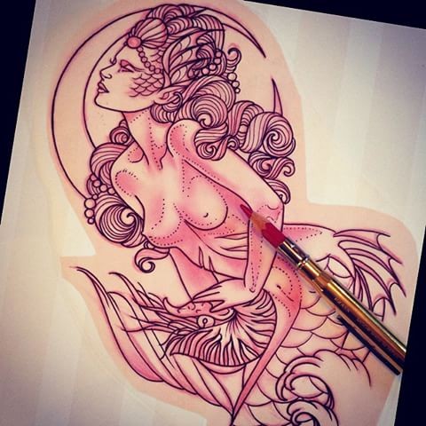 New school decorated mermaid in red shining tattoo design