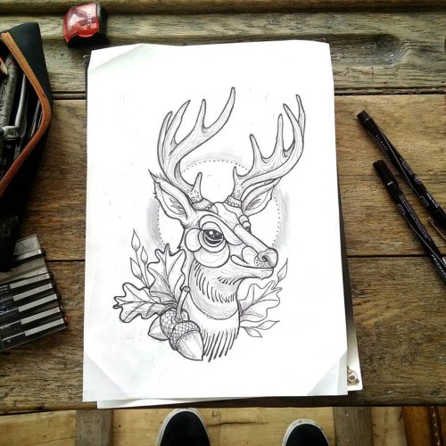 New school deer portrait with acorns and oak leaves tattoo design
