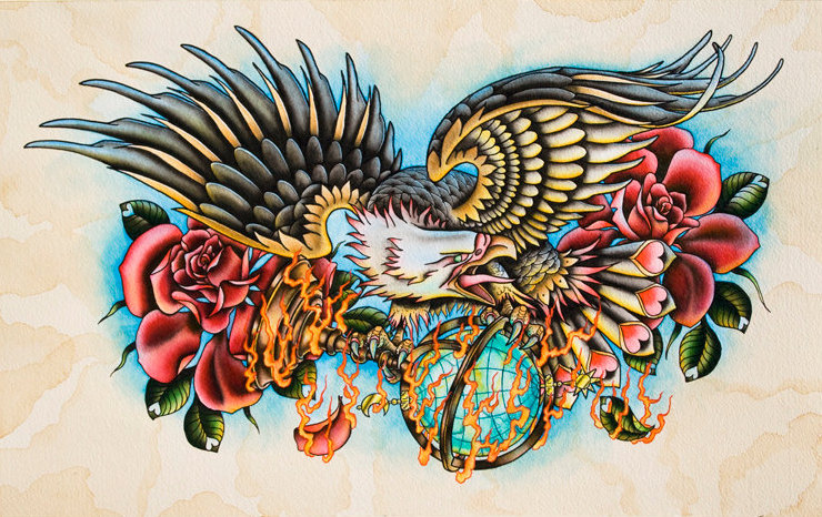 New school eagle with globe and flowers tattoo design