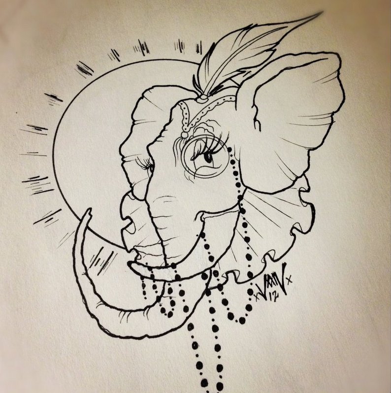 New school elephant in monocle and shining sun tattoo design