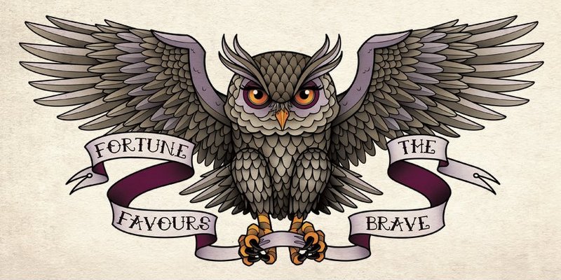 New school flying owl hanging quoted stripe tattoo design