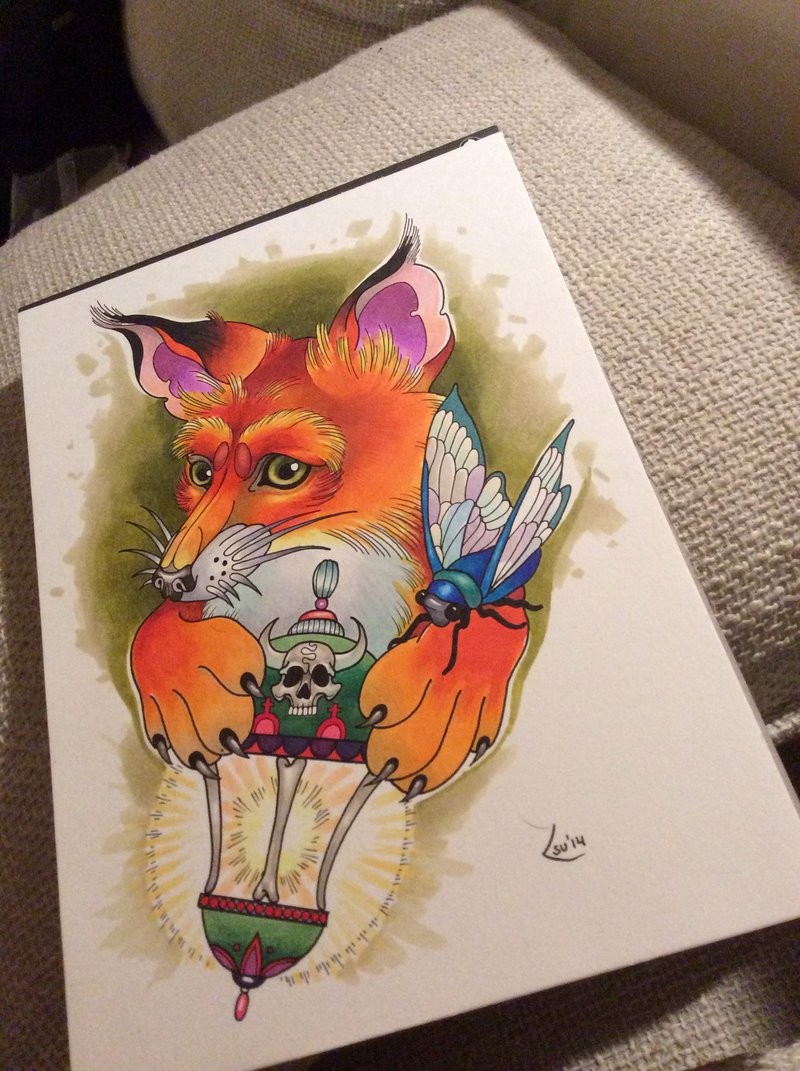 New school fox and lantern tattoo desidn by Xenija88