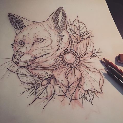 New school fox with gem bow decoration tattoo design