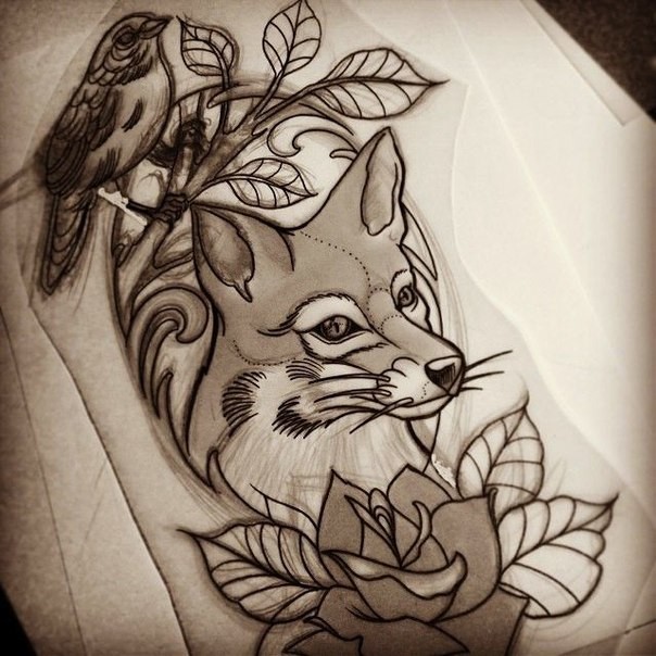 New school fox with rose and bird sitting on branch tattoo design