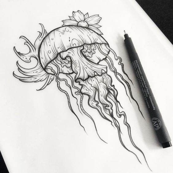 New school jellyfish and tiny cherry flower tattoo design