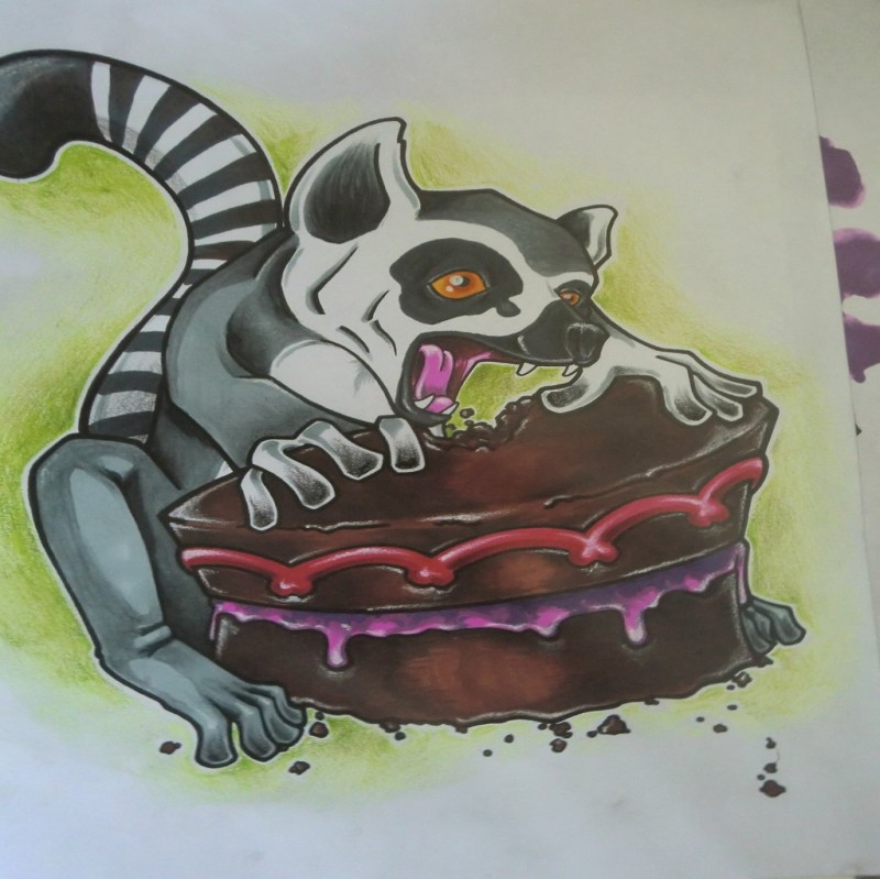 New school lemur eating huge chocolate cake tattoo design by Buddh
