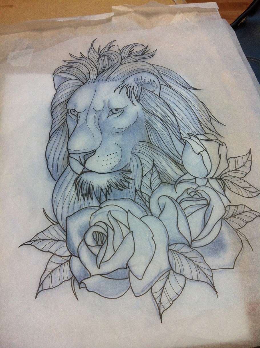 New school lion portrait with roses in blue shining tattoo design