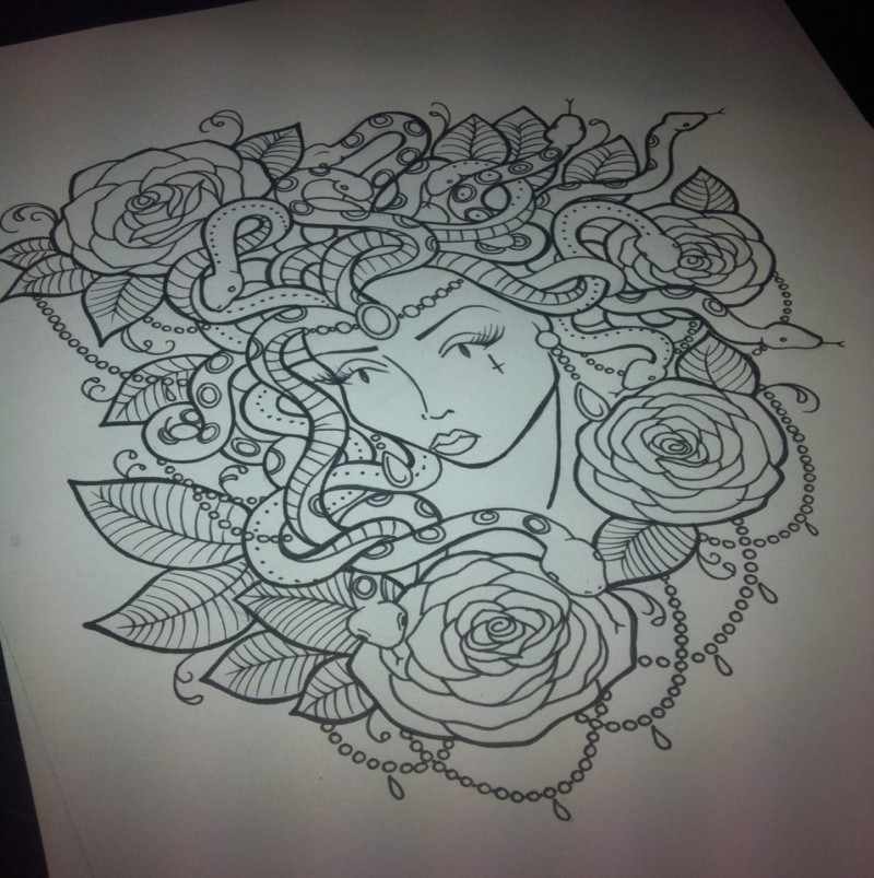 New school medusa gorgona with rose buds and lace decorations tattoo design