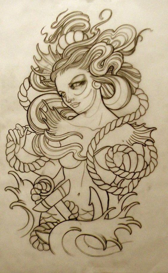 New school mermaid and roped anchor tattoo design