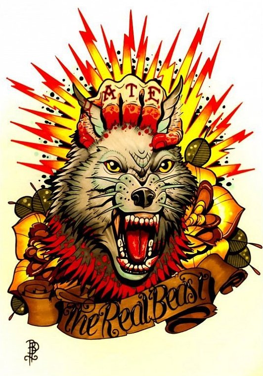 New school multicolor screaming wolf with many decorative elements tattoo design