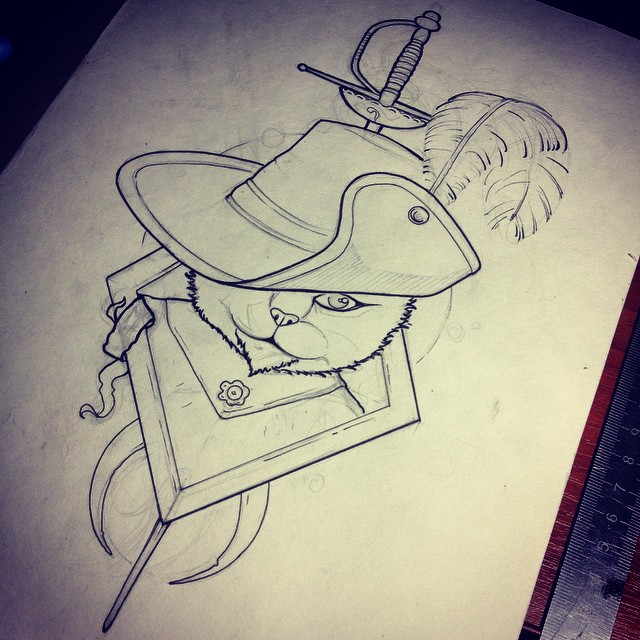 New school musketeer cat and long sword tattoo design