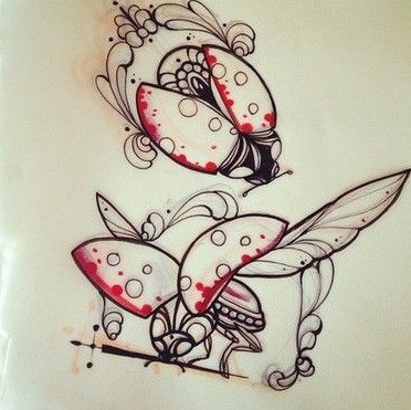 New school outline ladybugs with red contour tattoo design