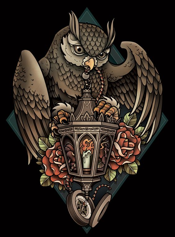 New school owl with street lamp and roses tattoo design