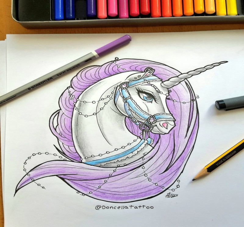 New school purple-mane unicorn with blue frenulum tattoo design by My Sweet Queen
