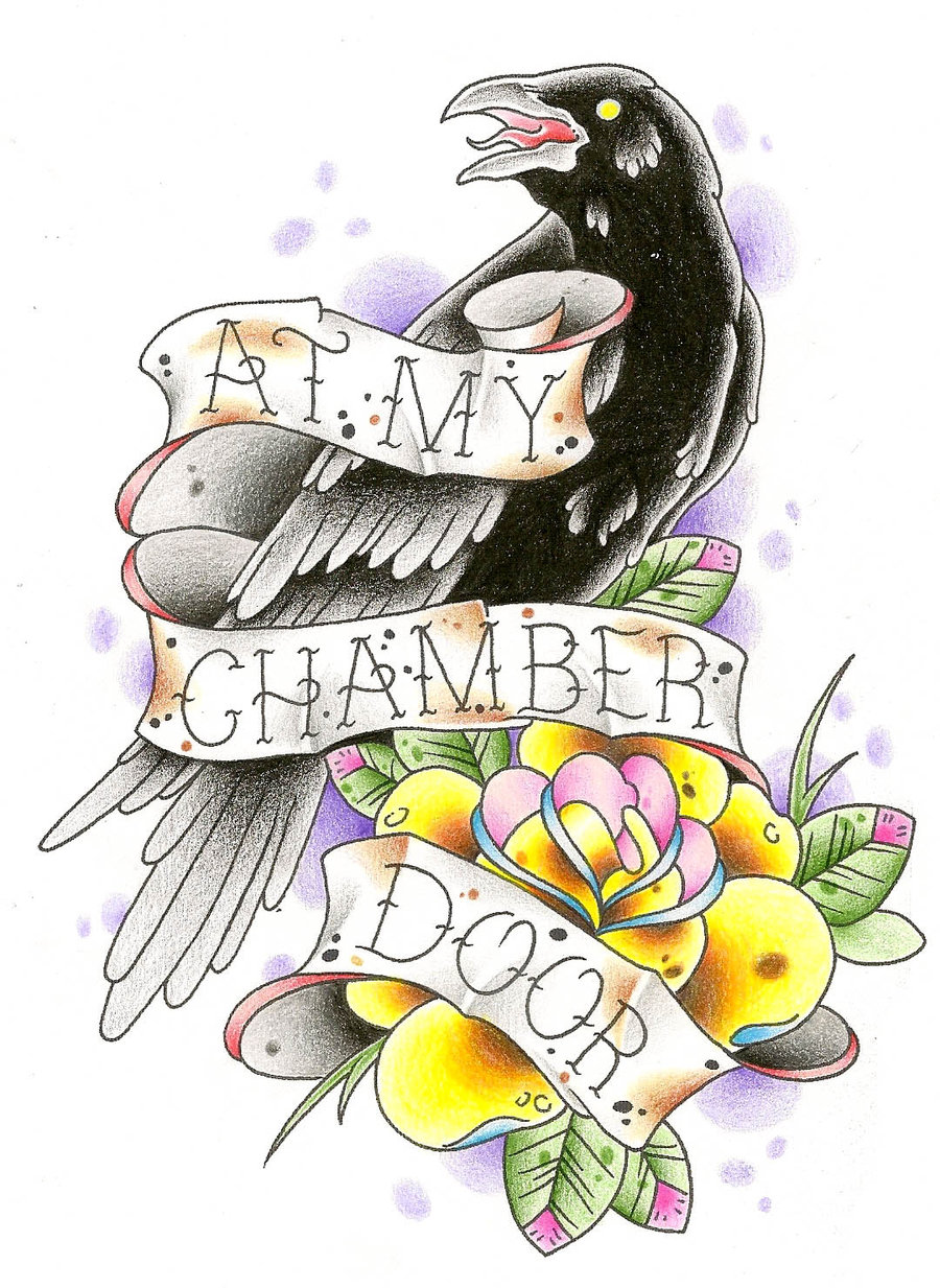 New school raven with a banner and yellow rose tattoo design by Nugnuts1234