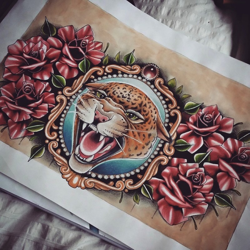 New school roaring leopard head in golden frame and a lot of roses tattoo design