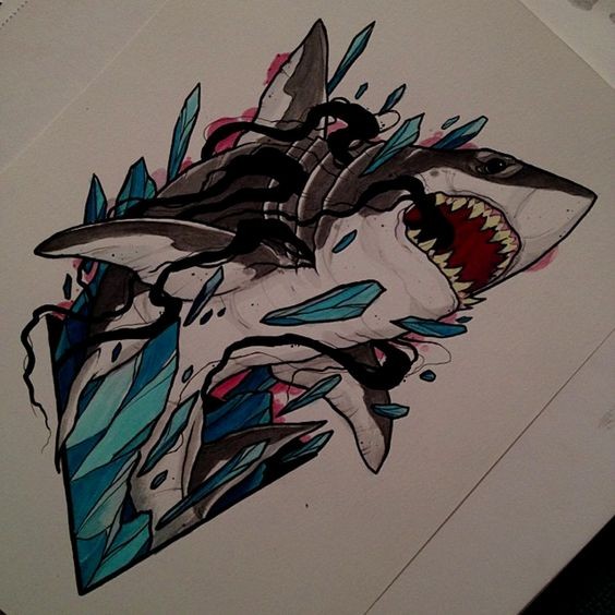 New school shark in broken crystals tattoo design