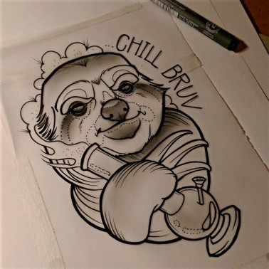 New school sloth keeping a glass bulb with lettering tattoo design