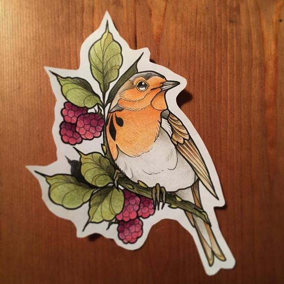 New school sparrow and ripe raspberries tattoo design