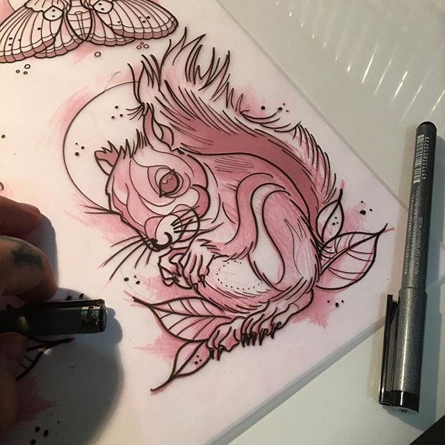 New school squirrel with leaves on full moon background tattoo design