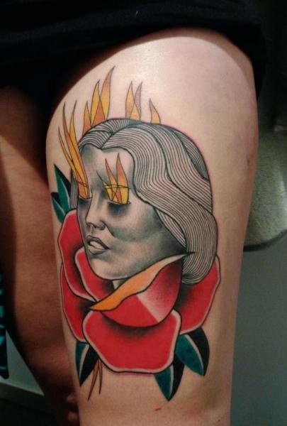 New school style painted by Mariusz Trubisz thigh tattoo of woman with flaming eyes and rose