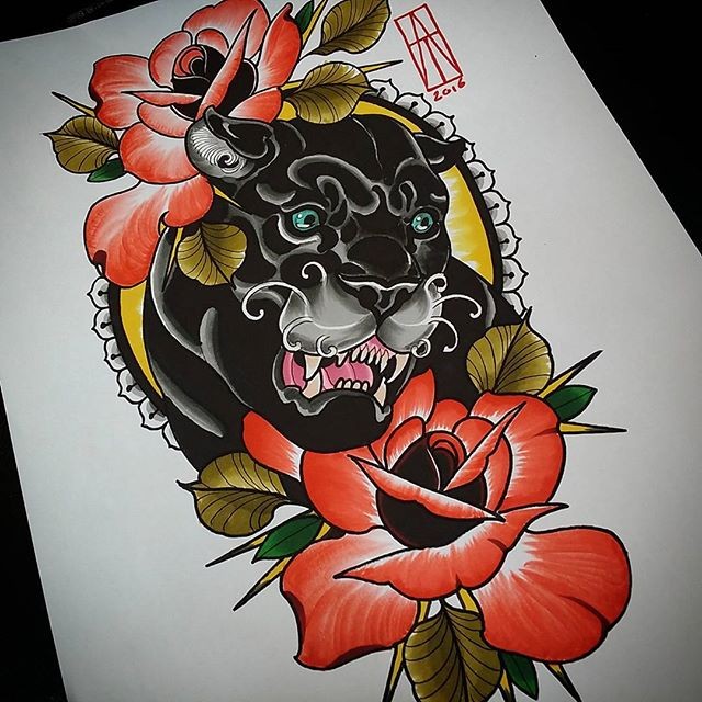 New school turquoise-eyed panther and huge red roses tattoo design