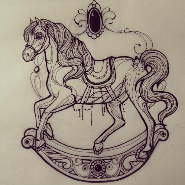 New school uncolored carousel horse tattoo design