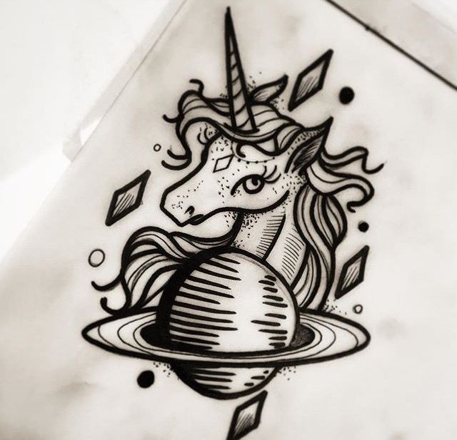 New school unicorn and turning planet without coloring tattoo design