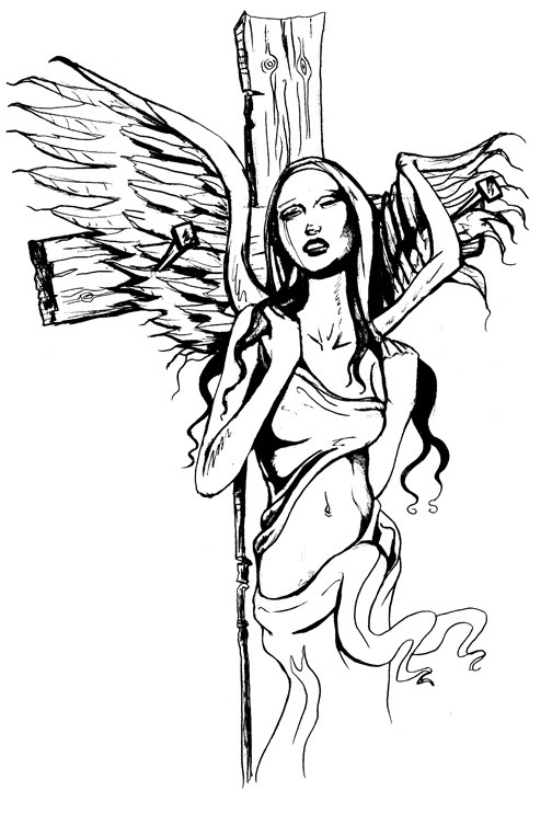 Anjo feminino preto-ank agradável perto da Cruz de madeira tatuagem desenho por Jan Wright