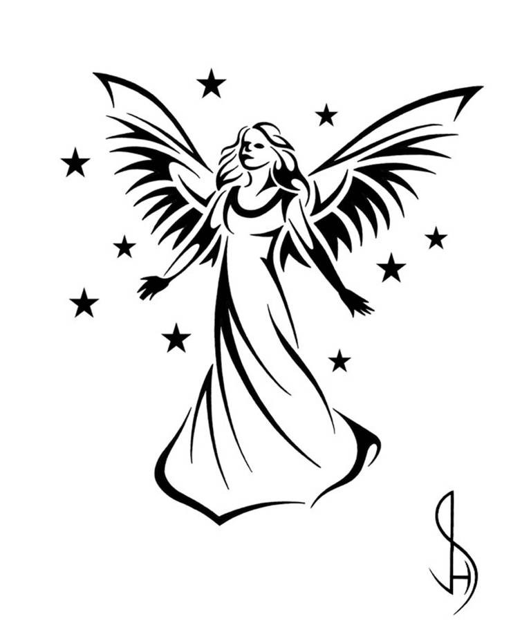 Bela garota de anjo-contorned preto com queda maple folhas tatuagem design