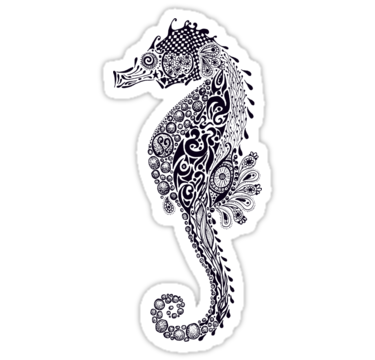 Nice black-ink beautiful-patterned seahorse tattoo design