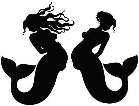 Nice black-ink pregnant mermaid silhouettes tattoo design