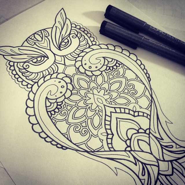 Nice black-line owl with floral ornament tattoo design