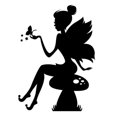 Nice black fairy silhouette witting on mushroom with a butterfly on palm tattoo design