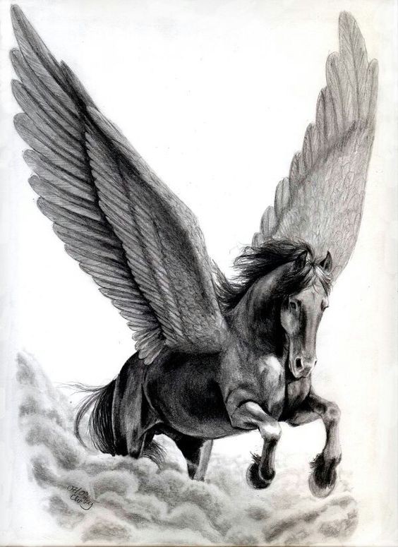 Nice black pegasus rushing out of thick clouds tattoo design