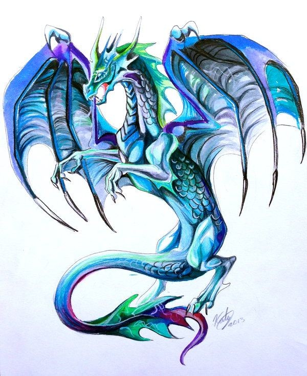 Nice blue dragon with spread wings tattoo design