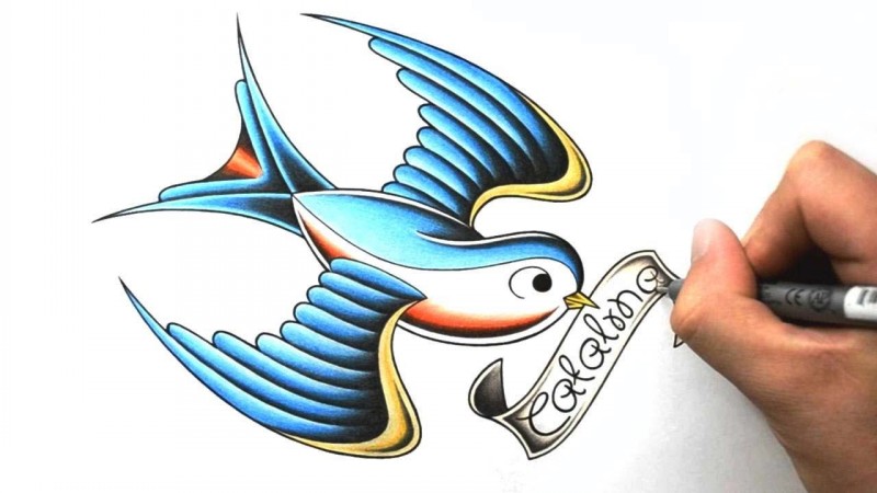 Nice blue sparrow and quoted banner tattoo design