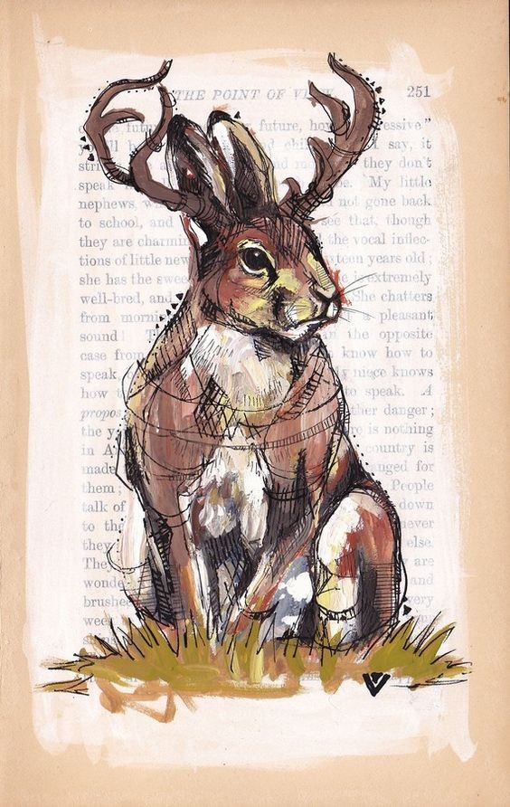 Nice brown drawing-style horned hare sitting on grass with tattoo design