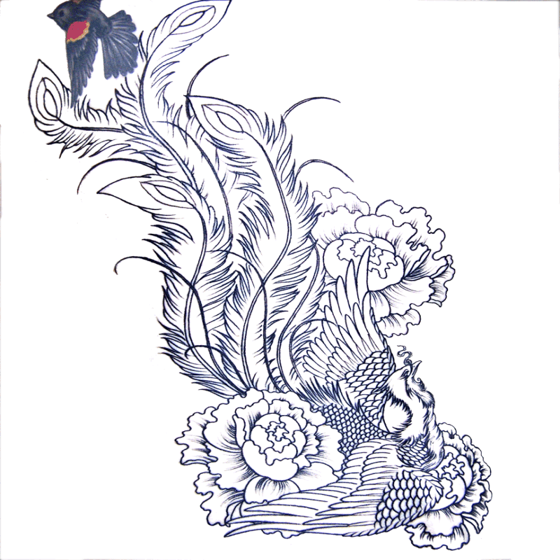 Nice colorless long-tail phoenix and peony flowers tattoo design